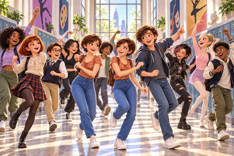 Students sing and dance beside beautiful lockers in the sunlit hallway of their Manhattan arts school.
