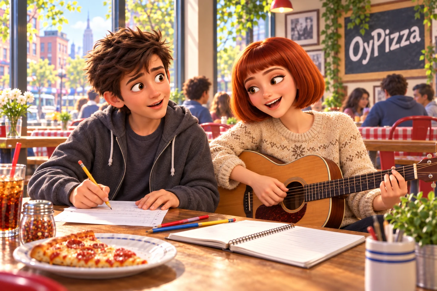 Aviva and Ethan work on a song together at OyPizza.