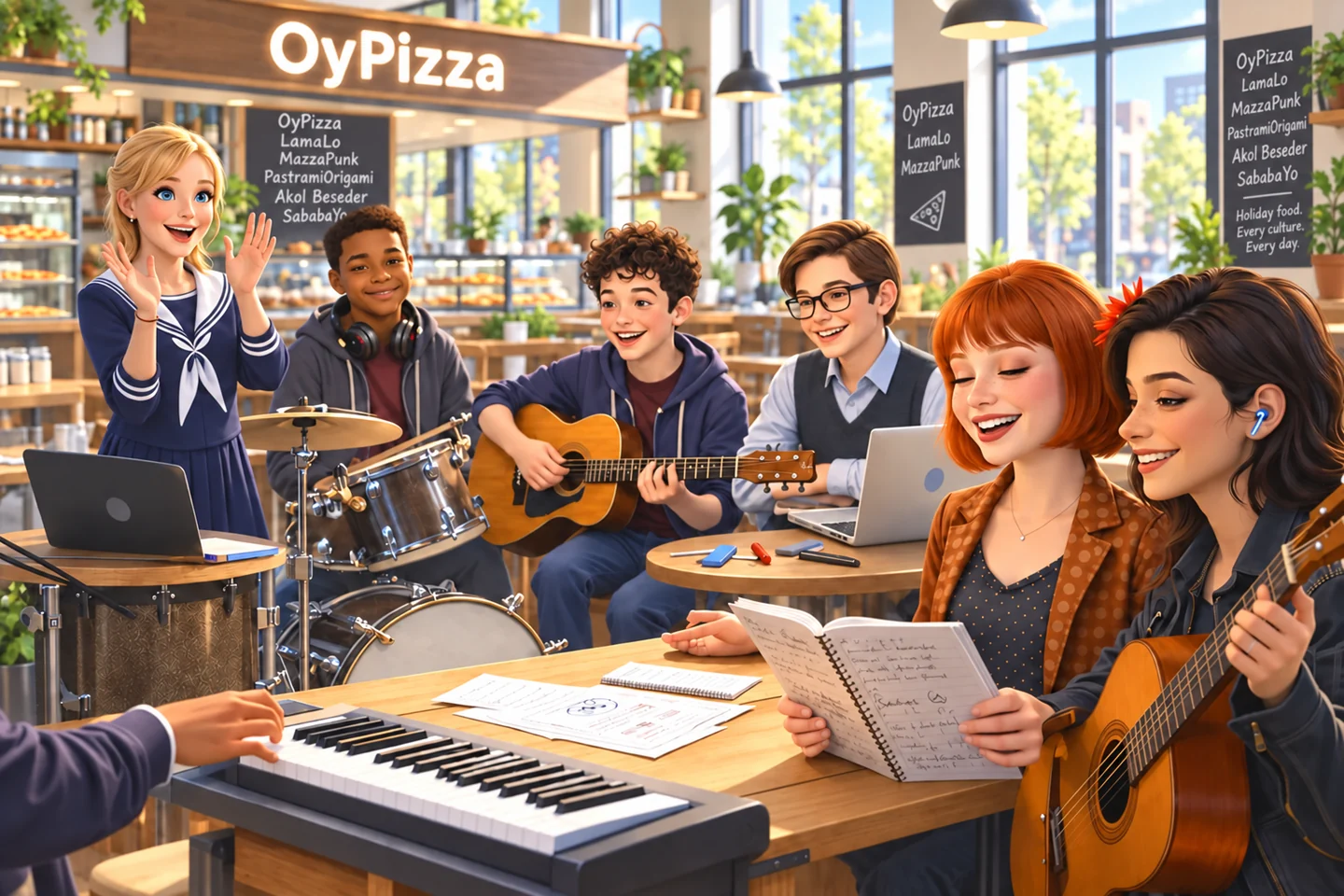 The Sharpies rehearse together in sunlit OyPizza, with the cafe catalog on the menu boards.
