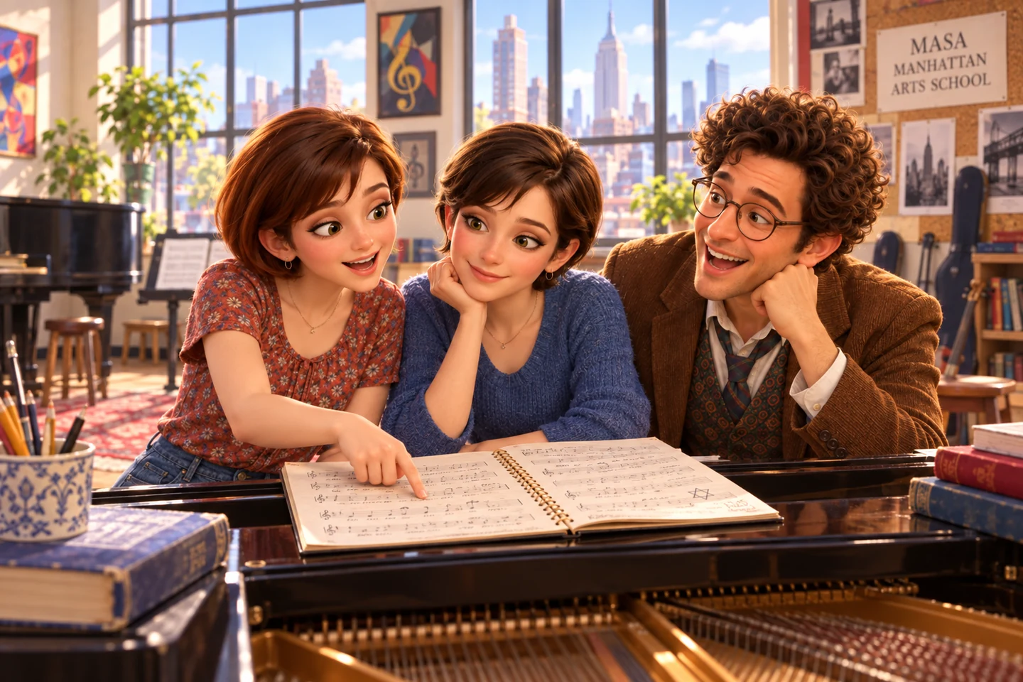 Joseph Shapiro and the Martini twins explore the songbook in a sunny MASA classroom.