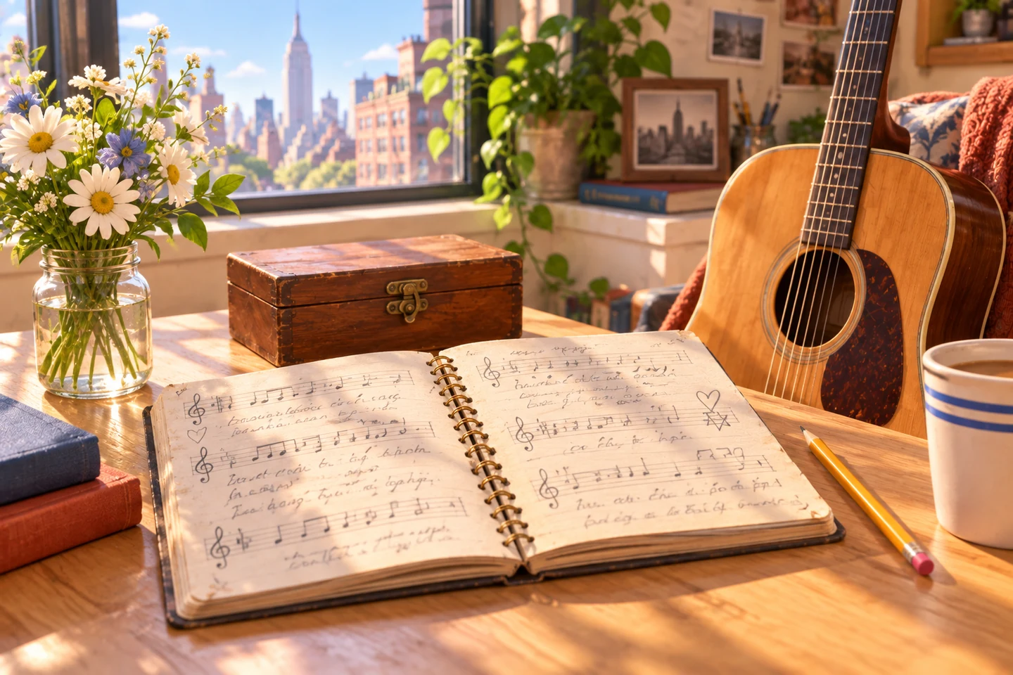 An imagined handwritten songbook, keepsake box and guitar in a sunlit Manhattan room.