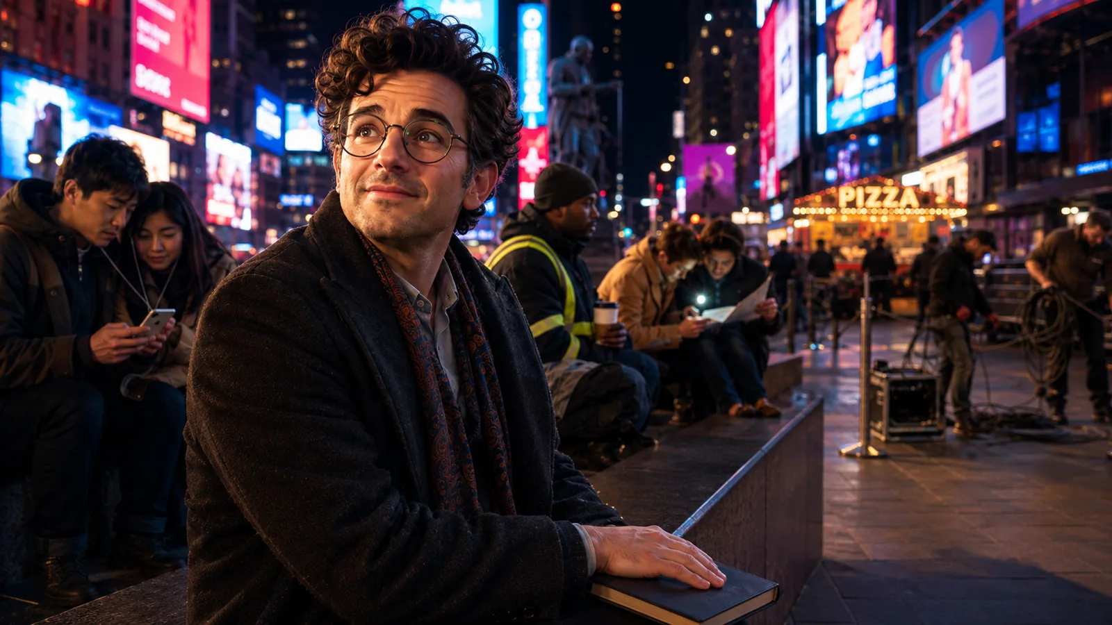 A man in a worn coat sits on a granite ledge above a neon-lit Times Square at night, earbuds in and a cloth-bound songbook on his knee, full and quiet, with strangers seated along the ledge beside him.