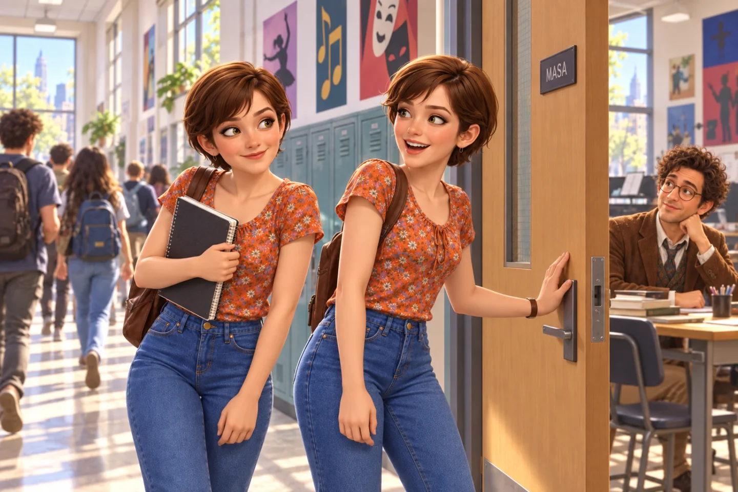 Clara and Marta Martini return to Mr. Shapiro’s classroom through a bright MASA hallway, ready to propose their own English versions of the songs.