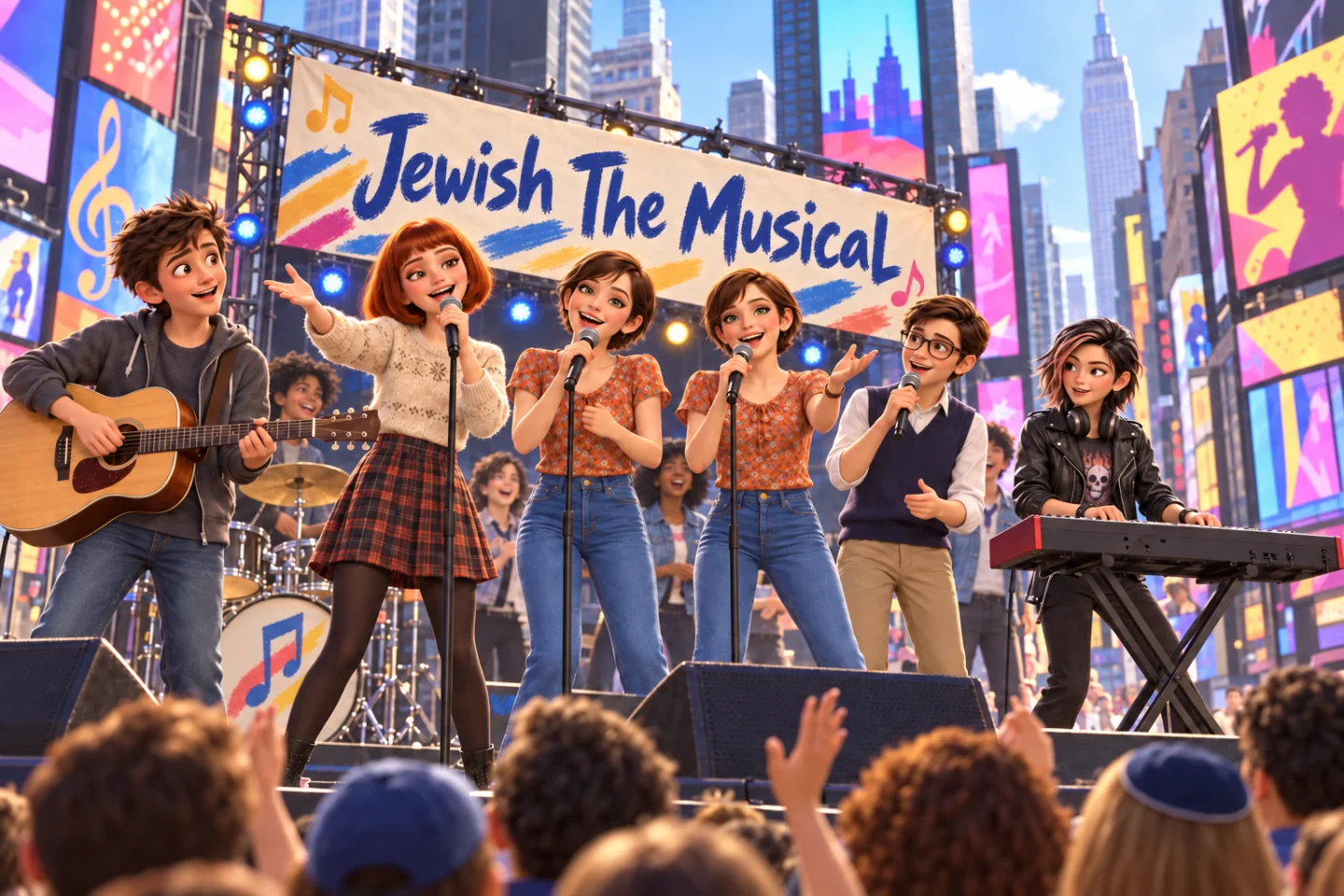 The Sharpies perform Jewish The Musical on a sunlit Times Square stage, with their classmates and an audience gathered below.
