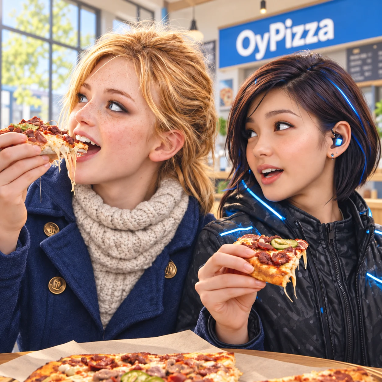 Hadley and Yuki share pizza at a bright daytime OyPizza.