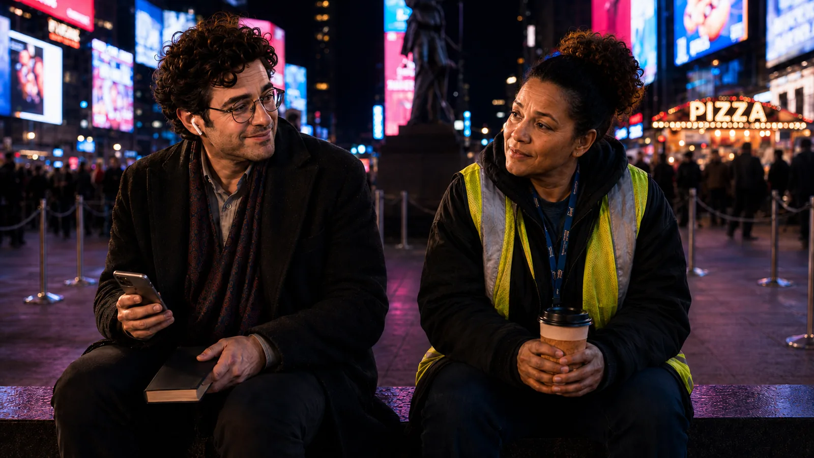 Joseph and the night-shift worker sit together on the granite ledge, turning toward each other, his phone and songbook in his lap and her coffee in her hands, against the neon glow of Times Square.