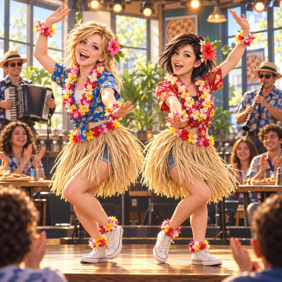 Concept artwork of Hadley and Yuki dancing in flower leis on the OyPizza stage